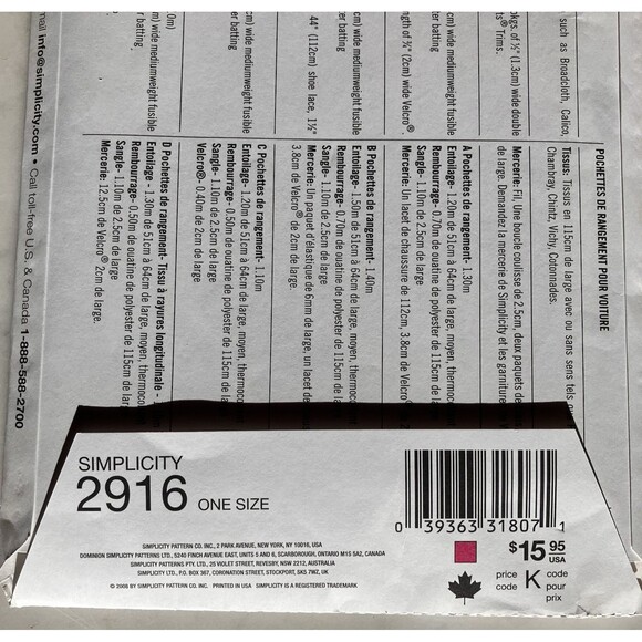 Simplicity Sewing Pattern #2916 Car Organizers One Size by Robin Greenwood Uncut - Picture 5 of 6